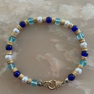 Blue, White, and Gold Beaded Bracelet